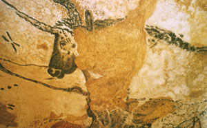 Détail d'une peinture rupestre des Grottes de Lascaux dans la salle des taureaux