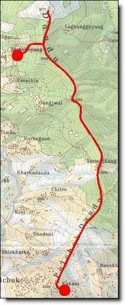 Plan du trek de l'étape Tarkeyghyang - Kakani