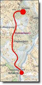 Plan du trek de l'étape Kakani - Melamchi Pul Bazar